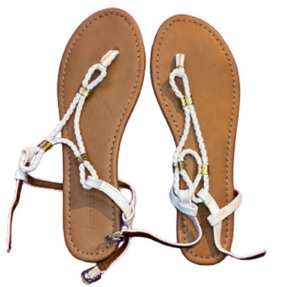 Forever 21 Women’s Size 9 White Tan & Gold Braided Sandals. - Picture 2 of 5